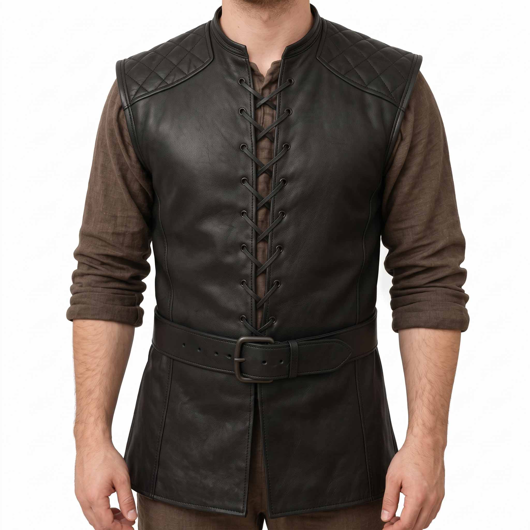 Back view of man modeling black leather renaissance jerkin showing diamond quilted shoulder yokes, center back seam, and buckled waistband