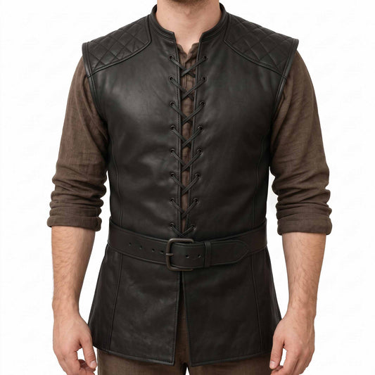 Back view of man modeling black leather renaissance jerkin showing diamond quilted shoulder yokes, center back seam, and buckled waistband