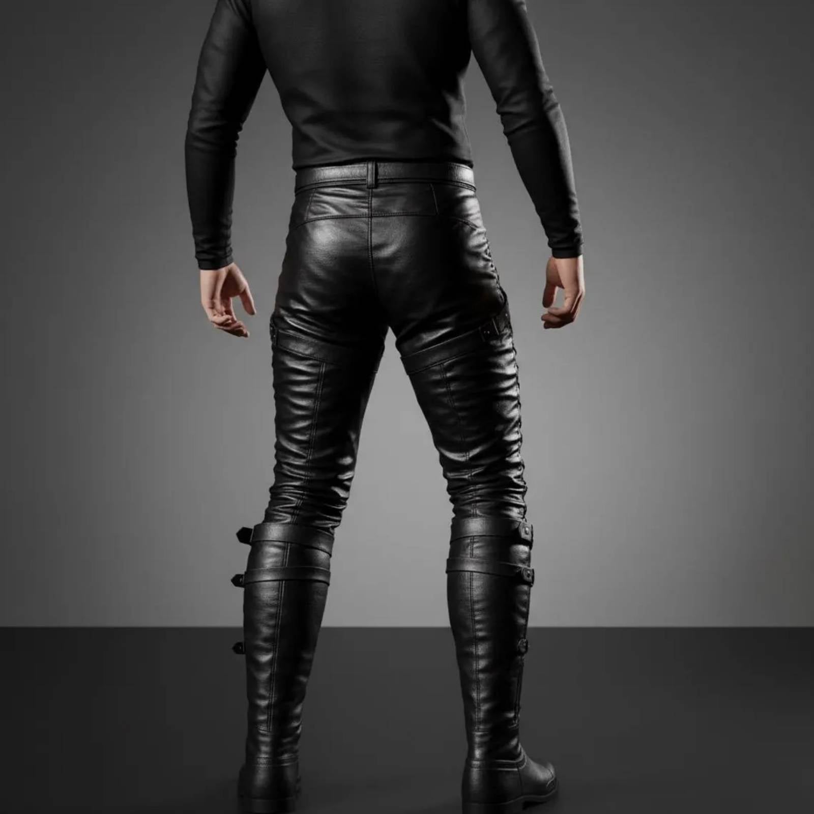 Back view of man wearing tailored black leather renaissance trousers showing reinforced saddle seat seams and buckled calf strap closures