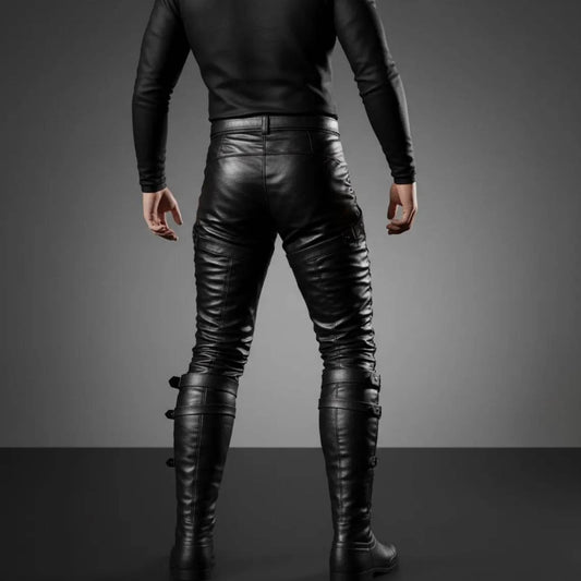 Back view of man wearing tailored black leather renaissance trousers showing reinforced saddle seat seams and buckled calf strap closures