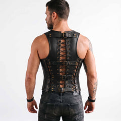 Direct rear view of man modeling black leather viking waist trainer showing full back spine cord lacing and horizontal cinch buckle straps