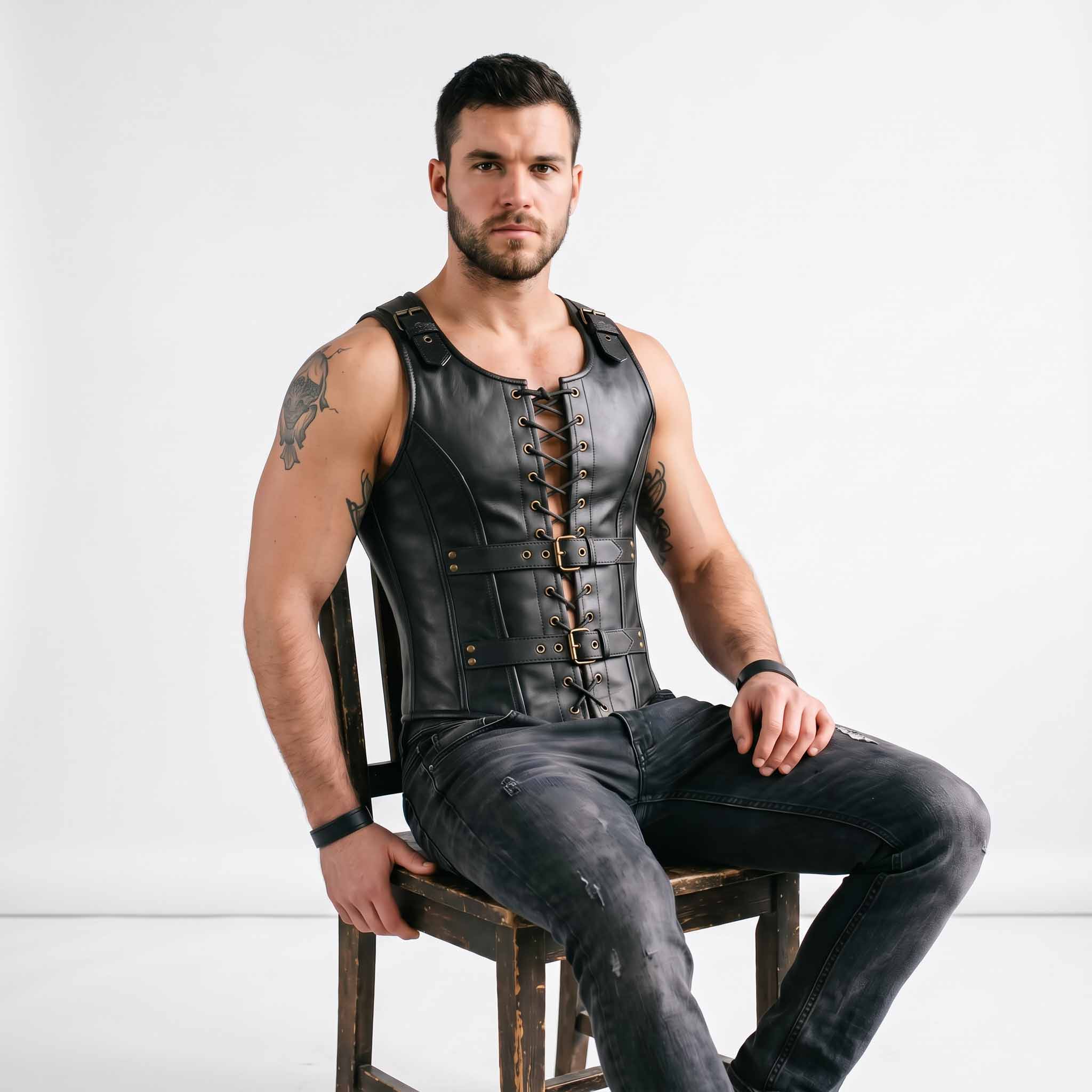 Muscular man seated on rustic wooden chair wearing black leather gladiator corset vest paired with dark denim jeans