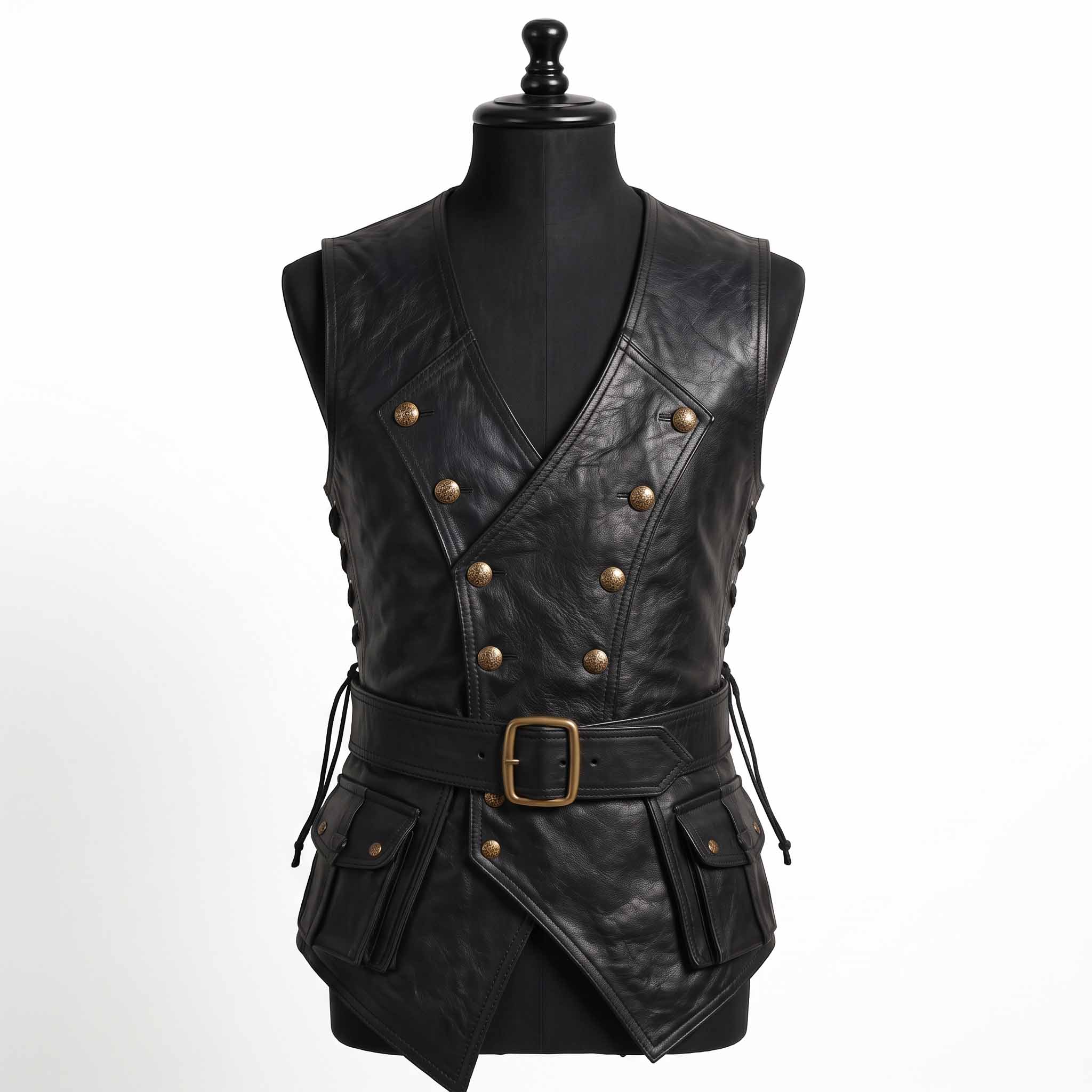 Front product studio view of black leather renaissance jerkin on black tailoring mannequin displaying brass buttons and waist cinch belt