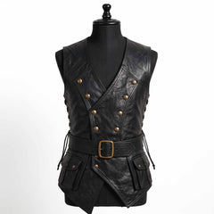 Front product studio view of black leather renaissance jerkin on black tailoring mannequin displaying brass buttons and waist cinch belt