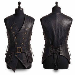 Two panel studio comparison showing front double breasted button placket and rear corset lace up back of black leather medieval waistcoat