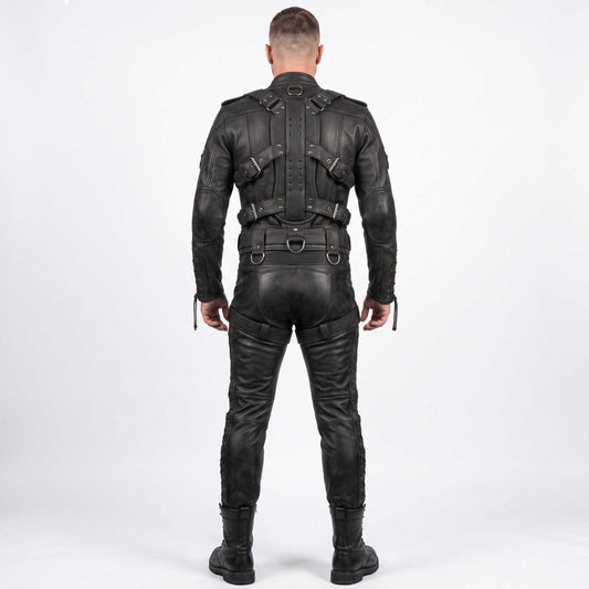 Back view of man modeling black leather bondage suit showing articulated spine harness, metal D rings, rear cross straps, and lace up legs