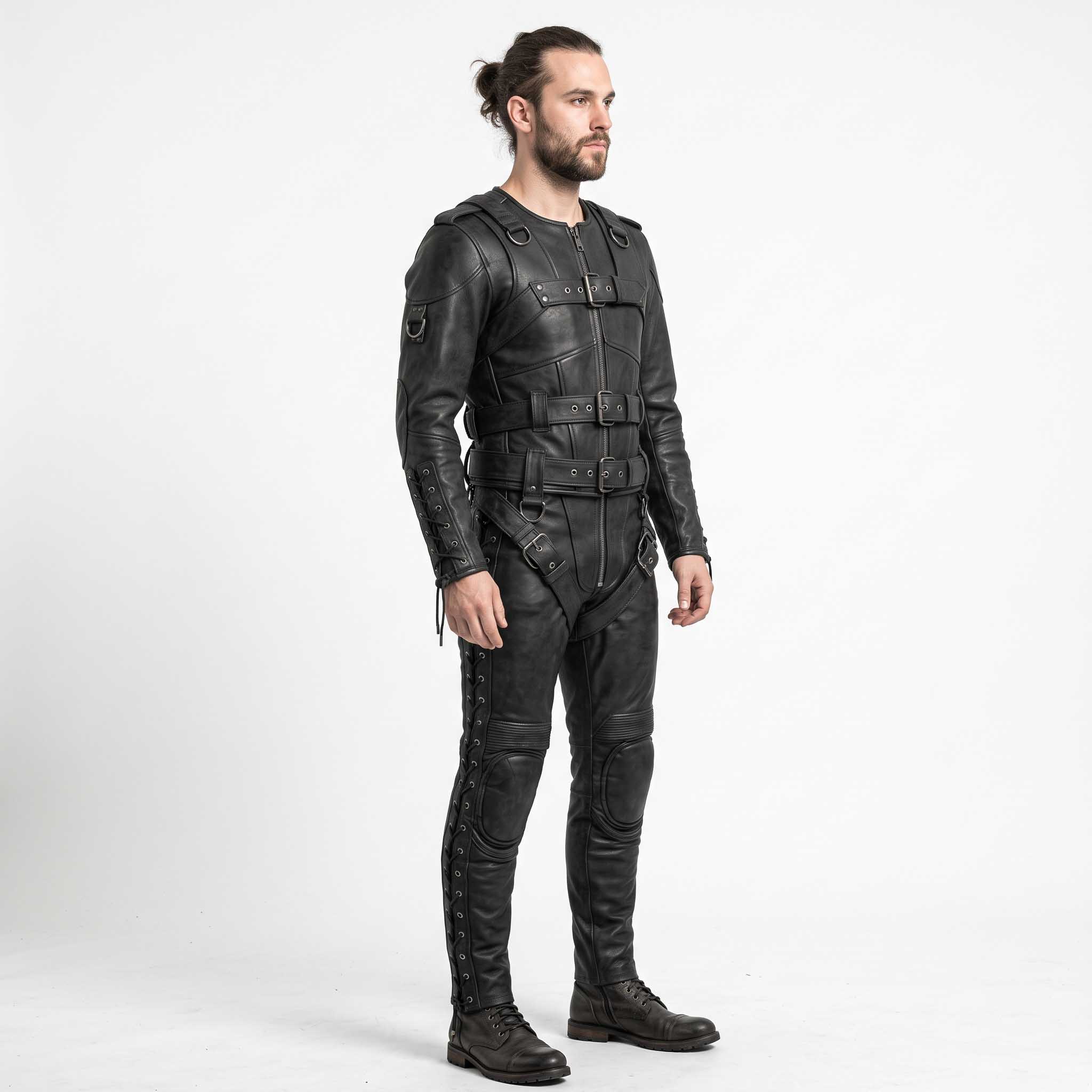Side profile shot of bearded man wearing tailored black leather restraint suit showing bicep D rings, ribbed knee pads, and lace up pant legs