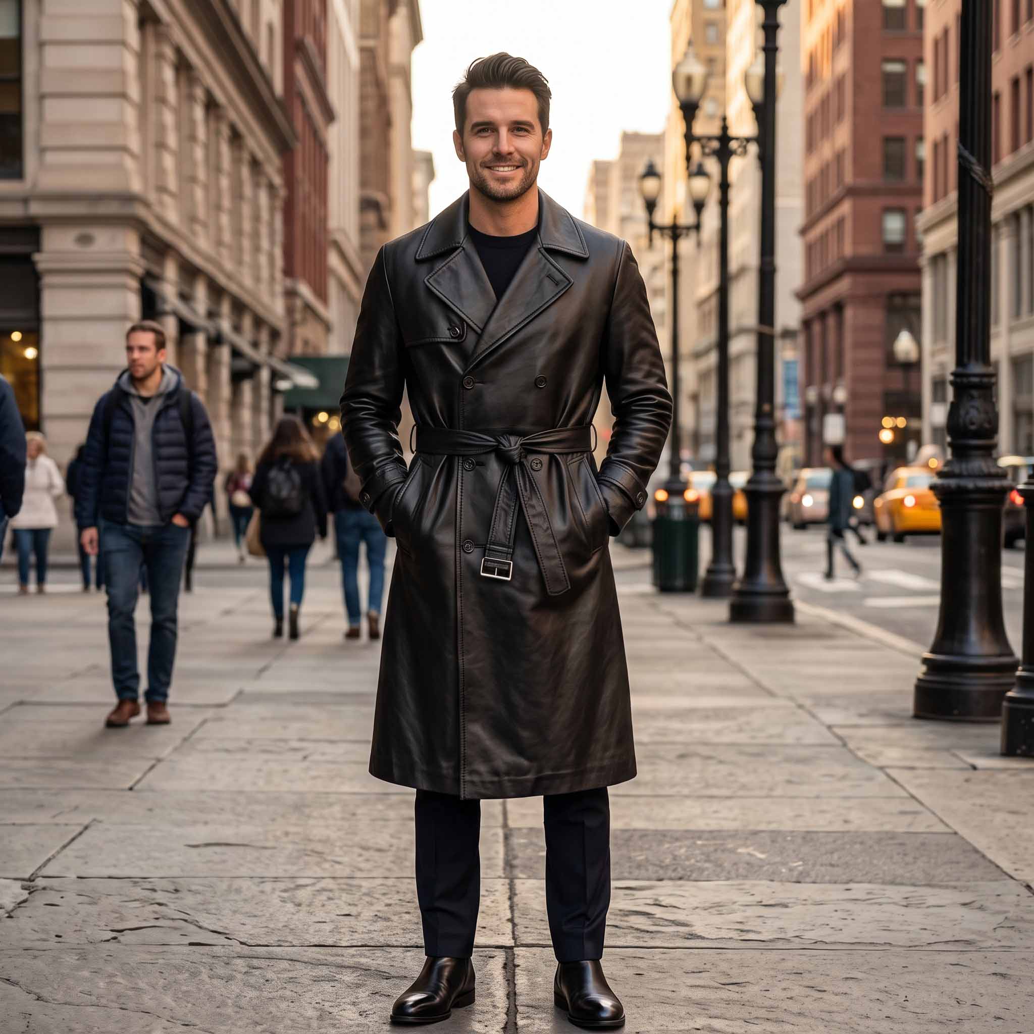 Front full length view of handsome smiling man wearing handmade black leather double breasted trench coat with tied waist belt on city avenue