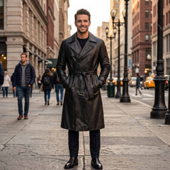 Front full length view of handsome smiling man wearing handmade black leather double breasted trench coat with tied waist belt on city avenue