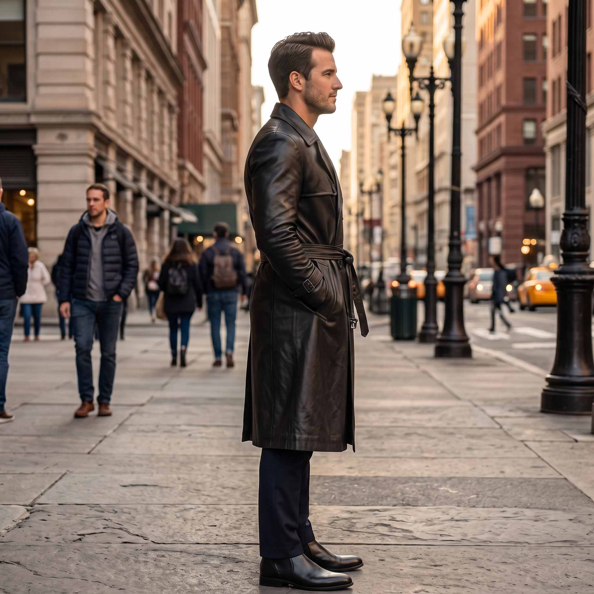 Side profile angle of man walking down urban sidewalk wearing tailored black leather trench coat with hands in pockets