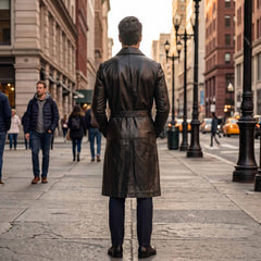 Rear full length view of mens black leather long duster coat showing structured back yoke belted waist and center split walking vent