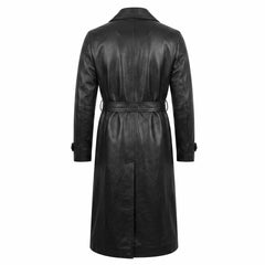 Back studio shot of mens black leather duster overcoat detailing tailored spinal seam waist belt and bottom walking vent on white background