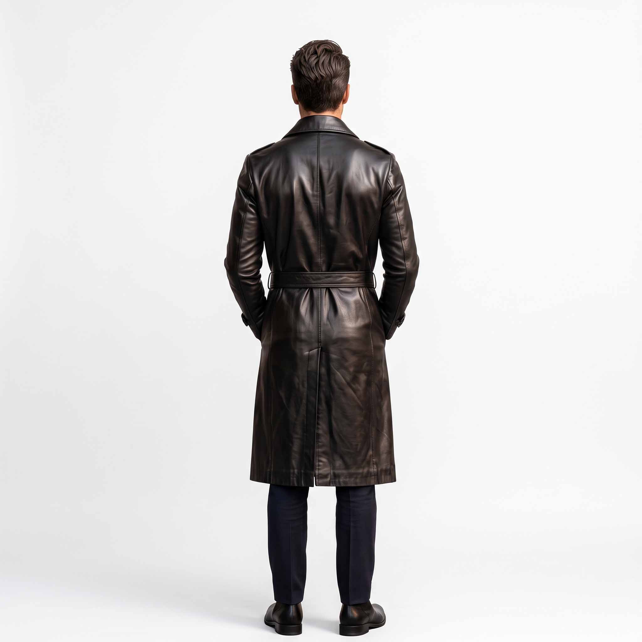 Rear full length view of male model in tailored black leather long coat on white studio backdrop displaying shoulder lines and clean back drape