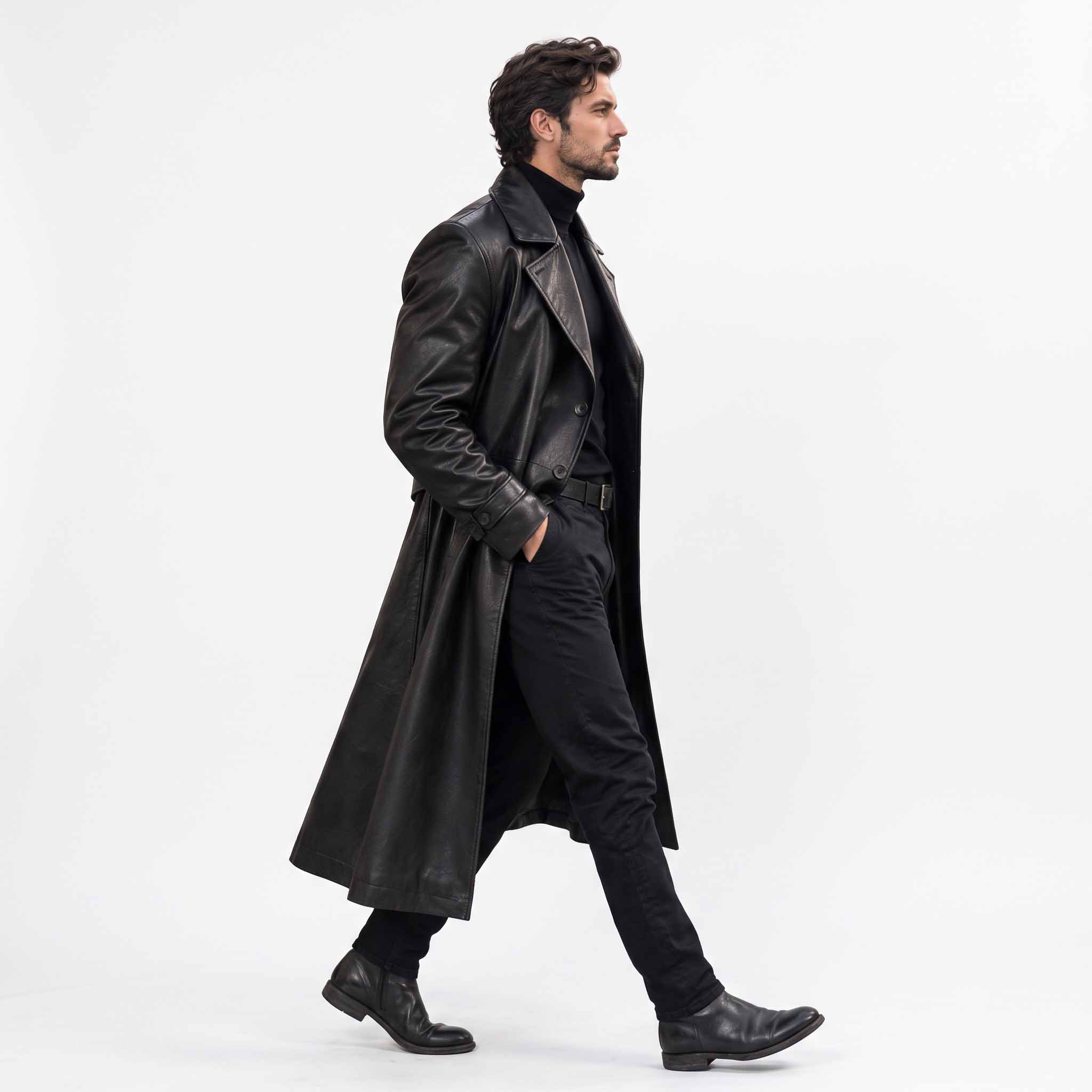 Side profile walking shot of man wearing tailored long black leather trench coat with hands in pockets against white background