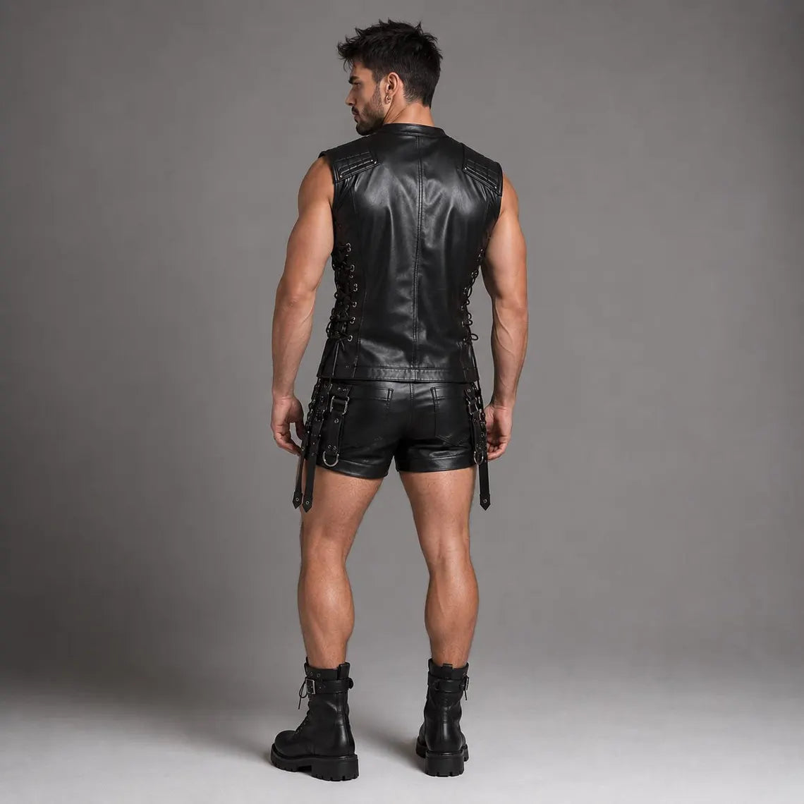 Back full body view of man wearing black genuine leather vest and matching shorts showing clean rear panels and side lacing
