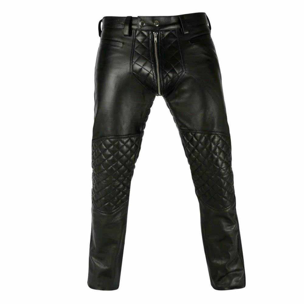 Front view of men's black real leather trousers displaying diamond-quilted knee panels and quilted front fly paneling.