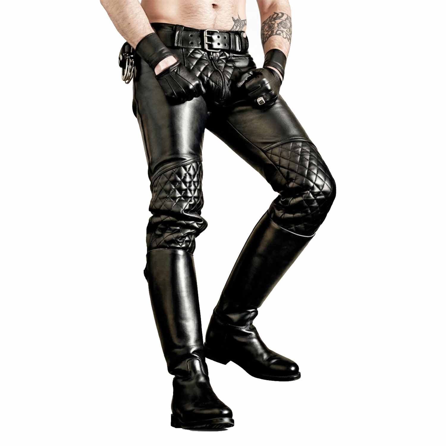 Man wearing black cowhide leather quilted breeches tucked into tall riding boots with matching leather gloves.