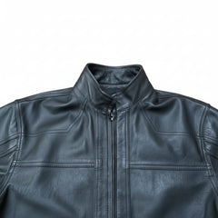 A close-up of a black leather jacket with a stand-up collar and front zipper, featuring a circular 'Leather Adjuster Genuine Leather' logo overlay on the chest.