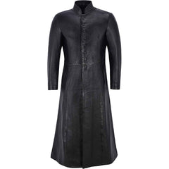 Full front view of a men's black cowhide leather Matrix trench coat showing the mandarin collar, button closure, and flared skirt.