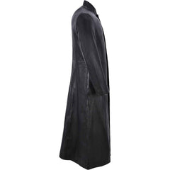 Side profile view of a long black cowhide leather Matrix Reloaded style coat highlighting sleeve fit and skirt drape.