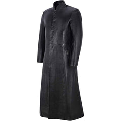 Three-quarter front profile of a men's black real leather steampunk trench coat showing the side slash pocket layout.