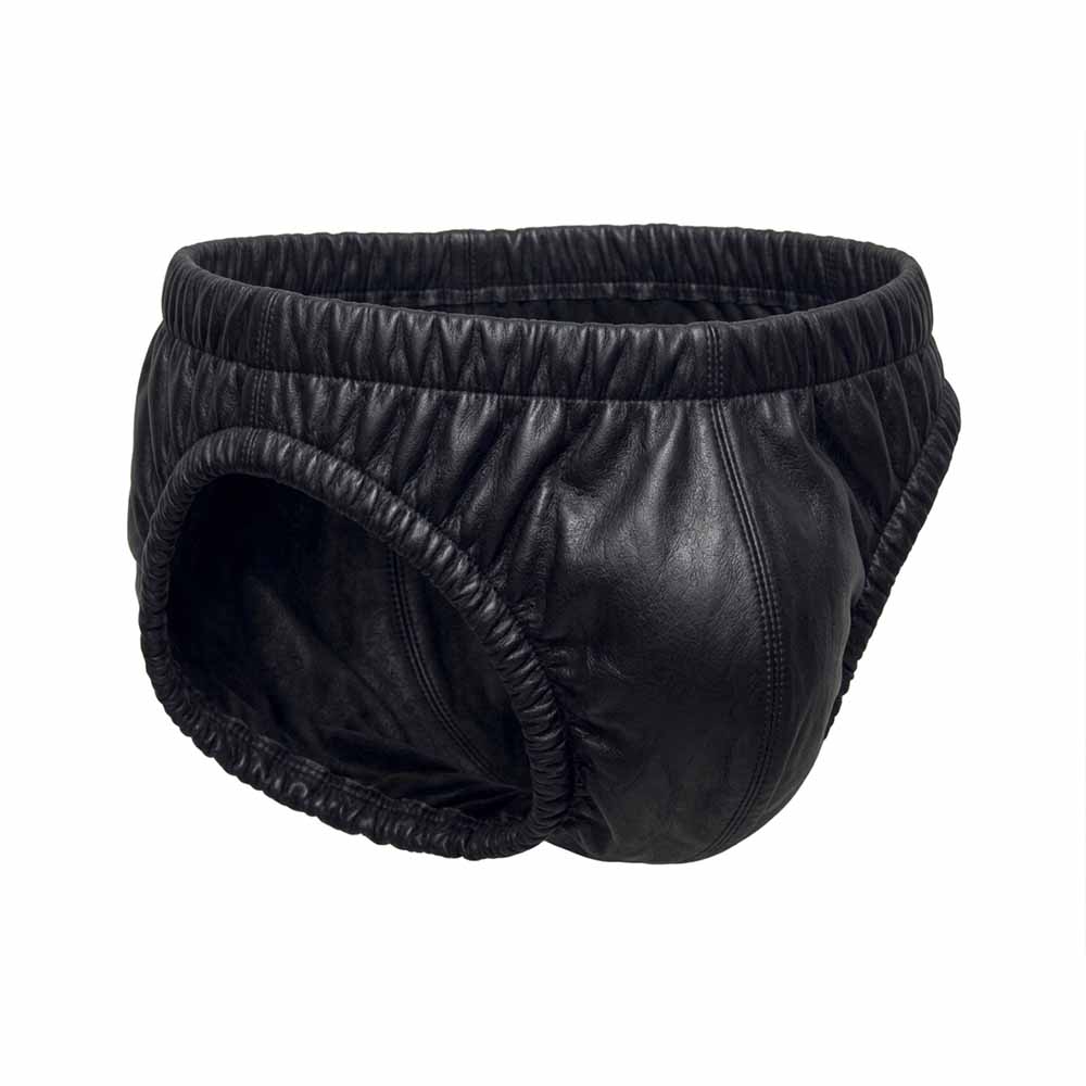 Three-quarter view of men's black lambskin leather shorts displaying contoured front pouch and fit