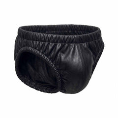 Three-quarter view of men's black lambskin leather shorts displaying contoured front pouch and fit
