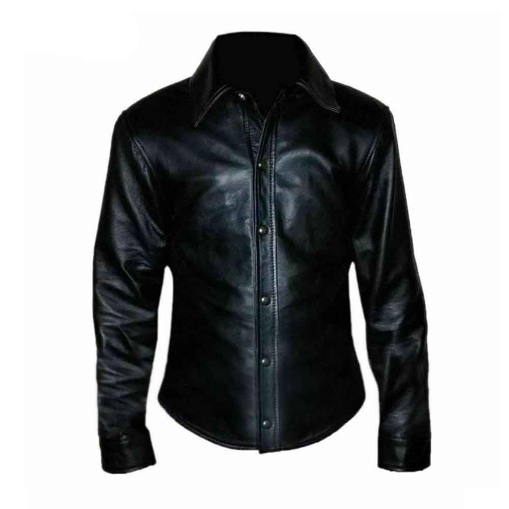 Camisa de manga completa muy caliente y suave de cuero de oveja real negro para hombre BLUF Gay Shirt