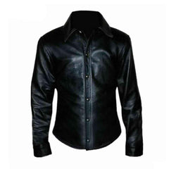 Camisa de manga completa muy caliente y suave de cuero de oveja real negro para hombre BLUF Gay Shirt