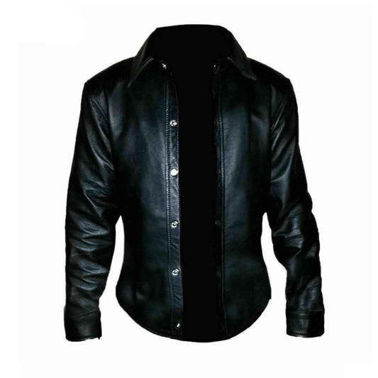 Camisa de manga completa muy caliente y suave de cuero de oveja real negro para hombre BLUF Gay Shirt