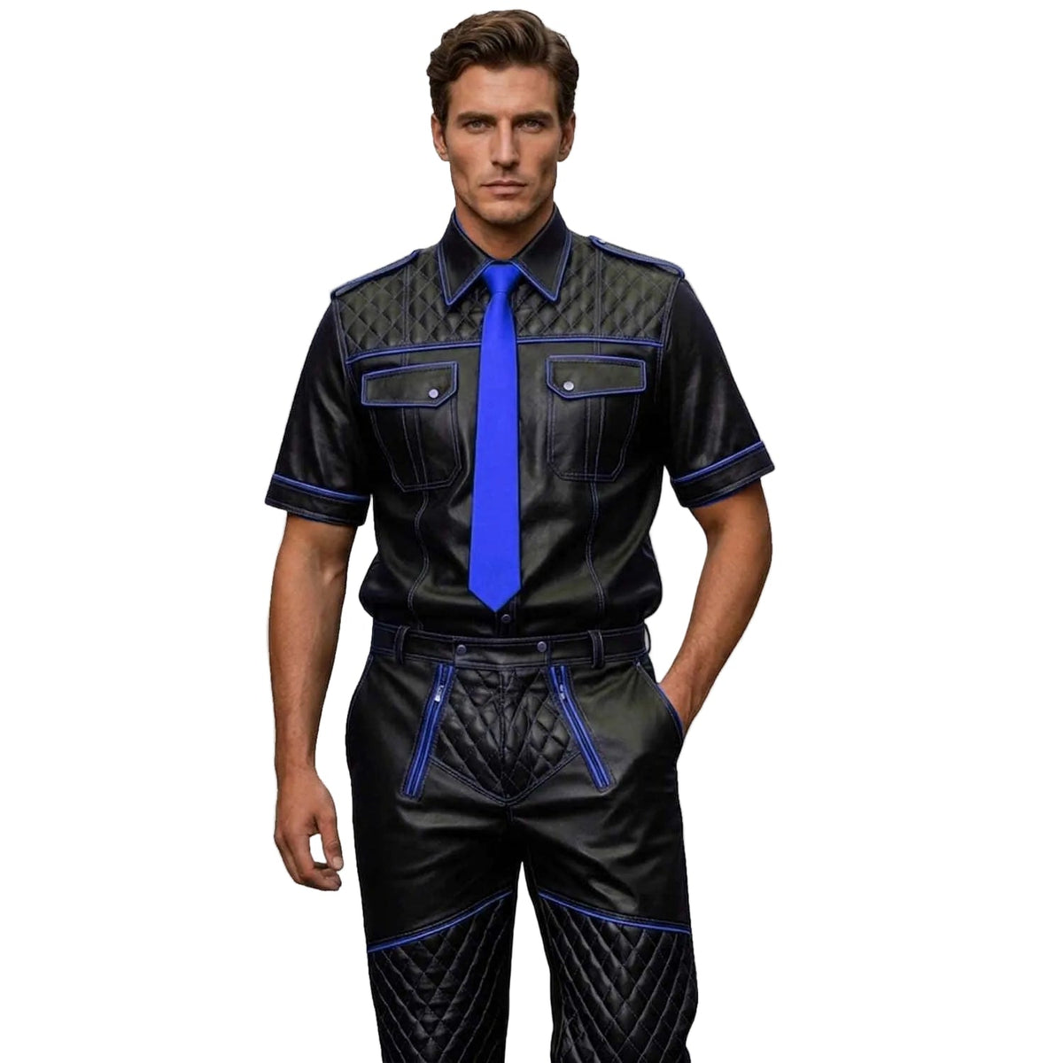 Men’s Black & Blue Contrast Real Leather Shirt & Breeches Set BLUF Style