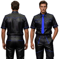 Men’s Black & Blue Contrast Real Leather Shirt & Breeches Set BLUF Style