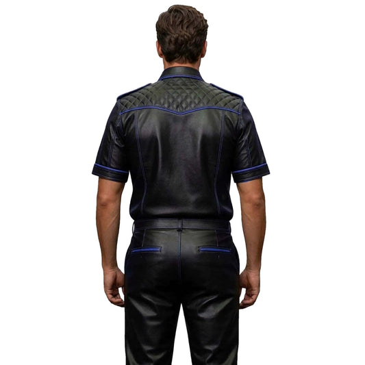 Men’s Black & Blue Contrast Real Leather Shirt & Breeches Set BLUF Style