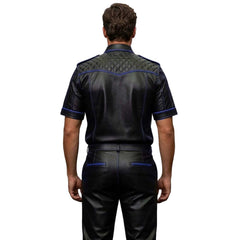 Men’s Black & Blue Contrast Real Leather Shirt & Breeches Set BLUF Style