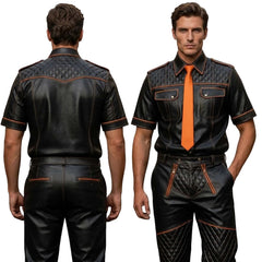 Men’s Black & Orange Contrast Real Leather Shirt & Breeches Set BLUF Style