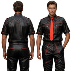 A man modeling a black leather costume jumpsuit with red contrast stitching, shown from both the front and back views against a white background.