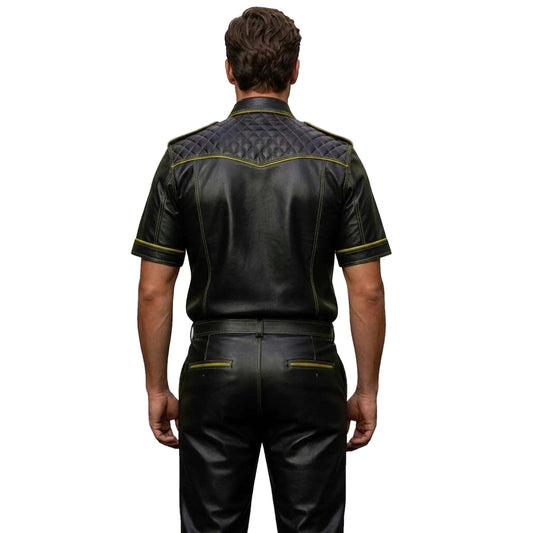 Men’s Black & Yellow Contrast Real Leather Shirt & Breeches Set BLUF Style