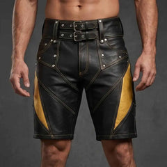 Front full view of men's black and yellow genuine leather designer shorts featuring an extended double-buckle waistband and contrast side panels.