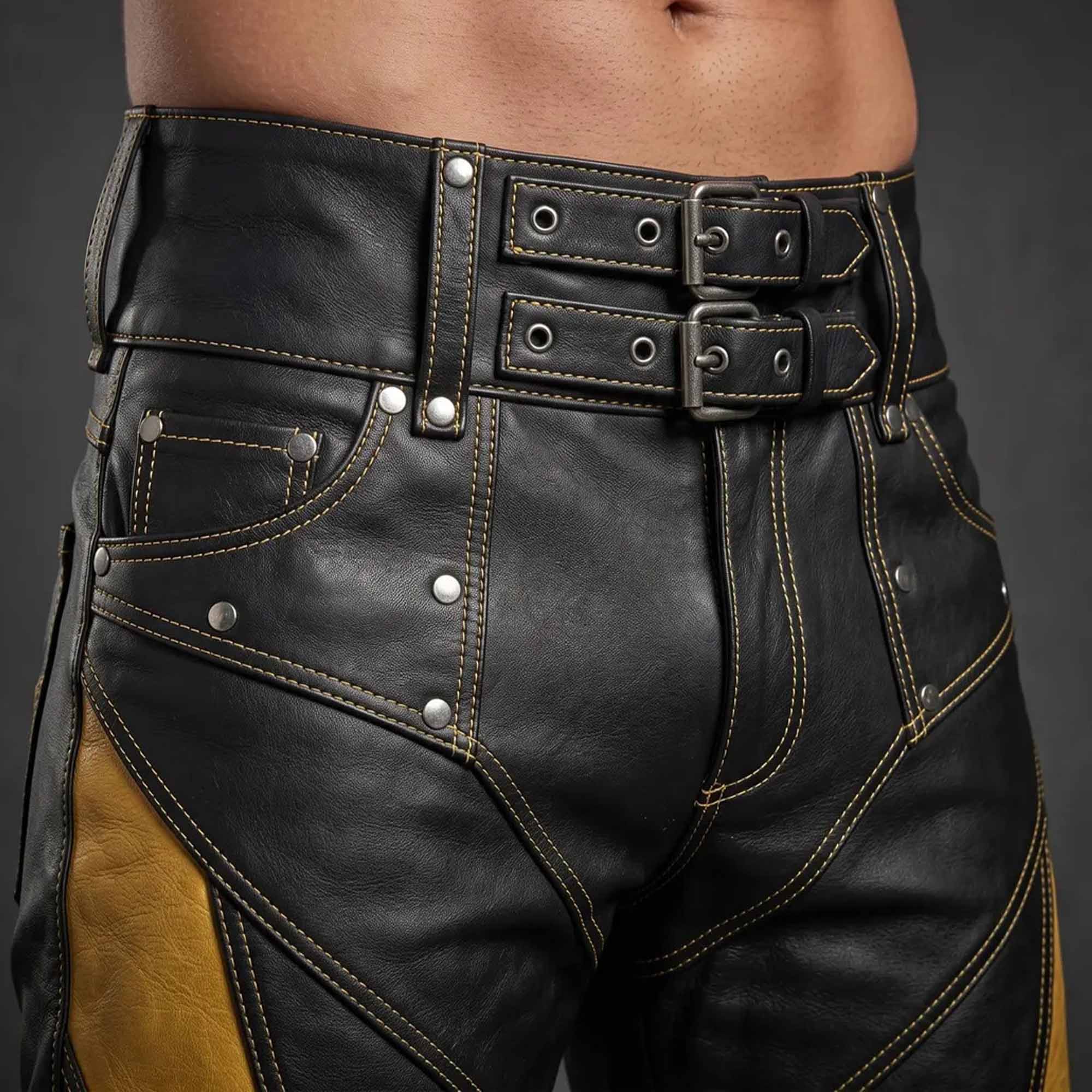 Macro detail shot of the high-rise waistband on black leather shorts highlighting the dual metal roller buckles, grommets, and coin pocket rivets.