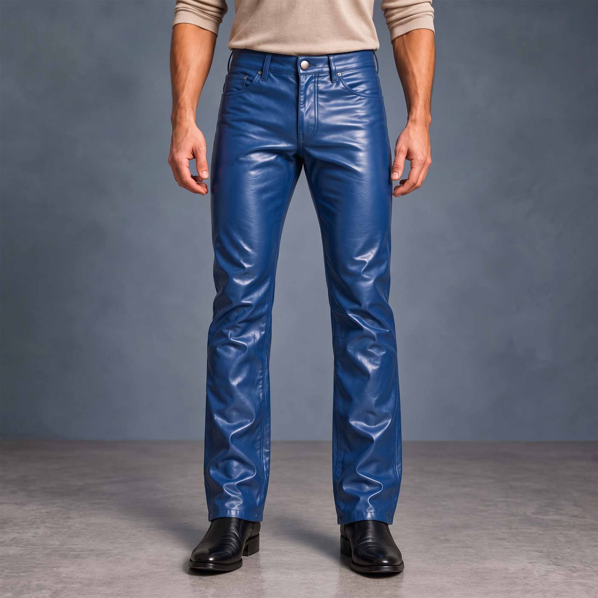 Full-length front view of man wearing tailored royal blue cowhide leather slim bootcut pants with black dress boots