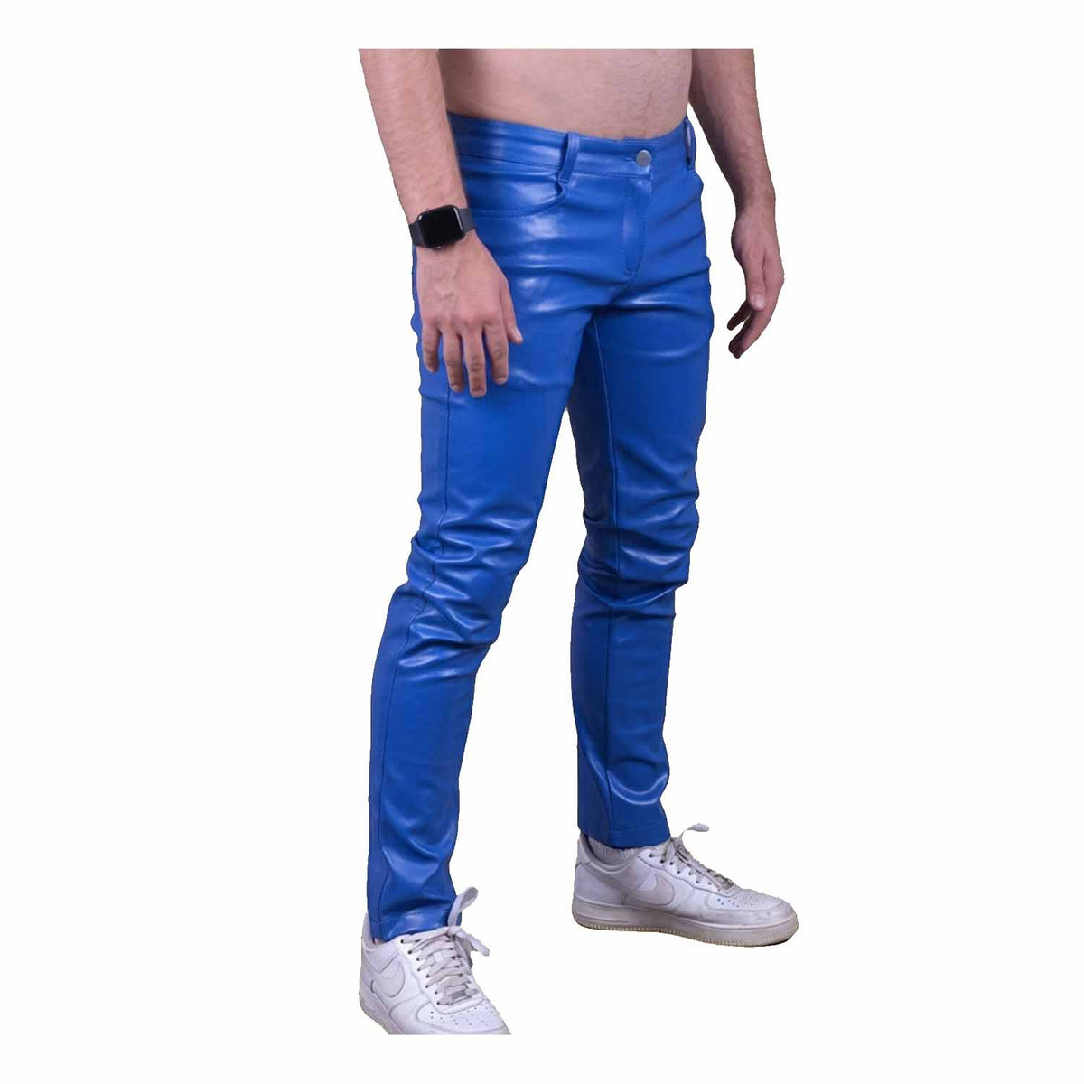 Front side view of man wearing fitted blue real cowhide biker leather trousers showing waist line and fit.