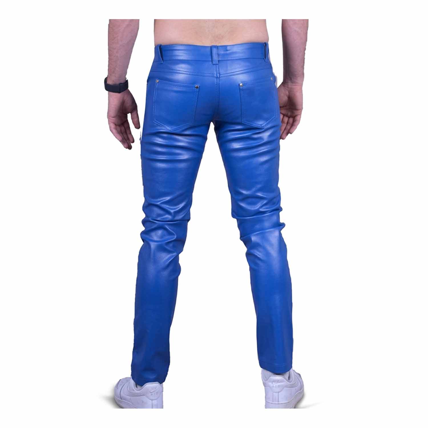 Rear view of man wearing slim-fit bright blue full-grain leather pants with 501 style back pockets.