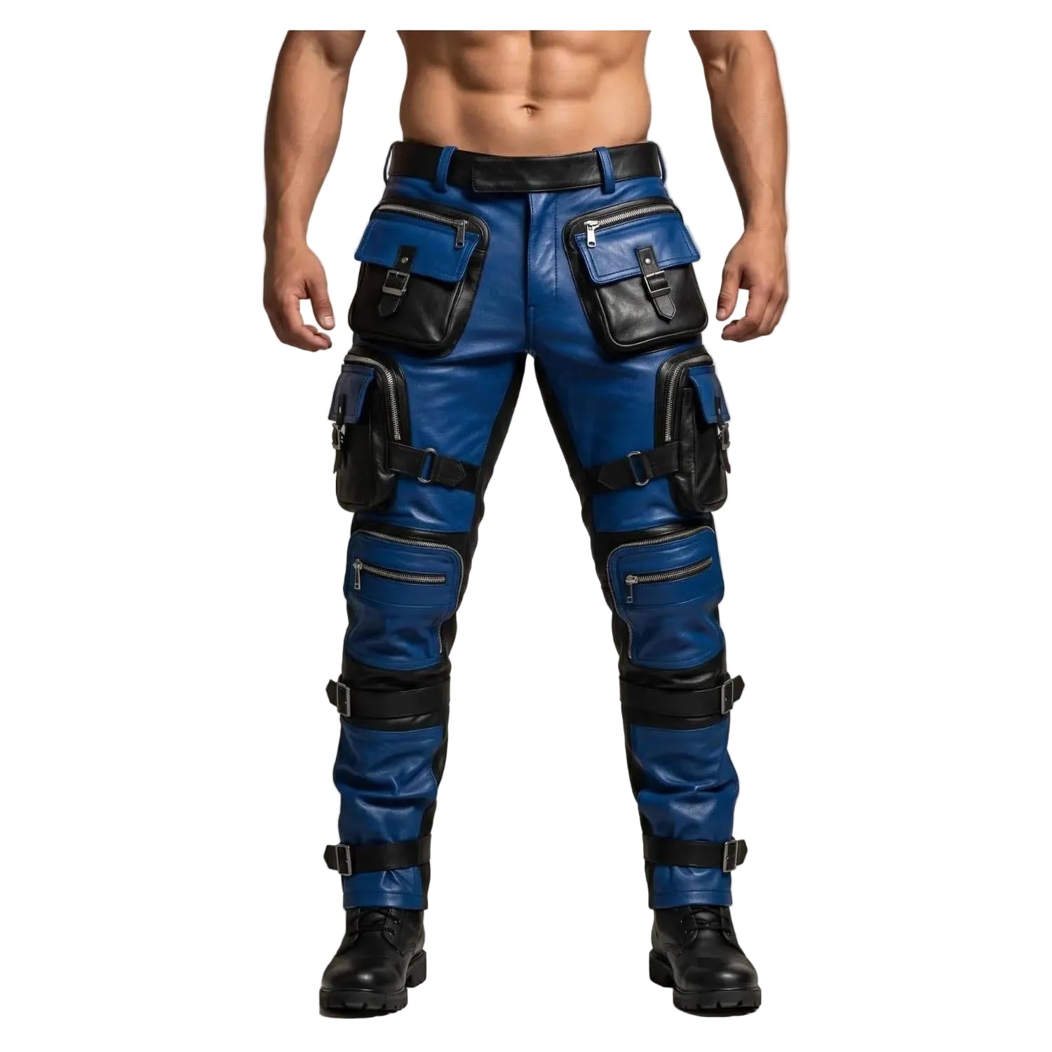 A model from the waist down wearing blue leather cargo pants with black leather accents, buckles, and straps, paired with black boots against a neutral studio background.