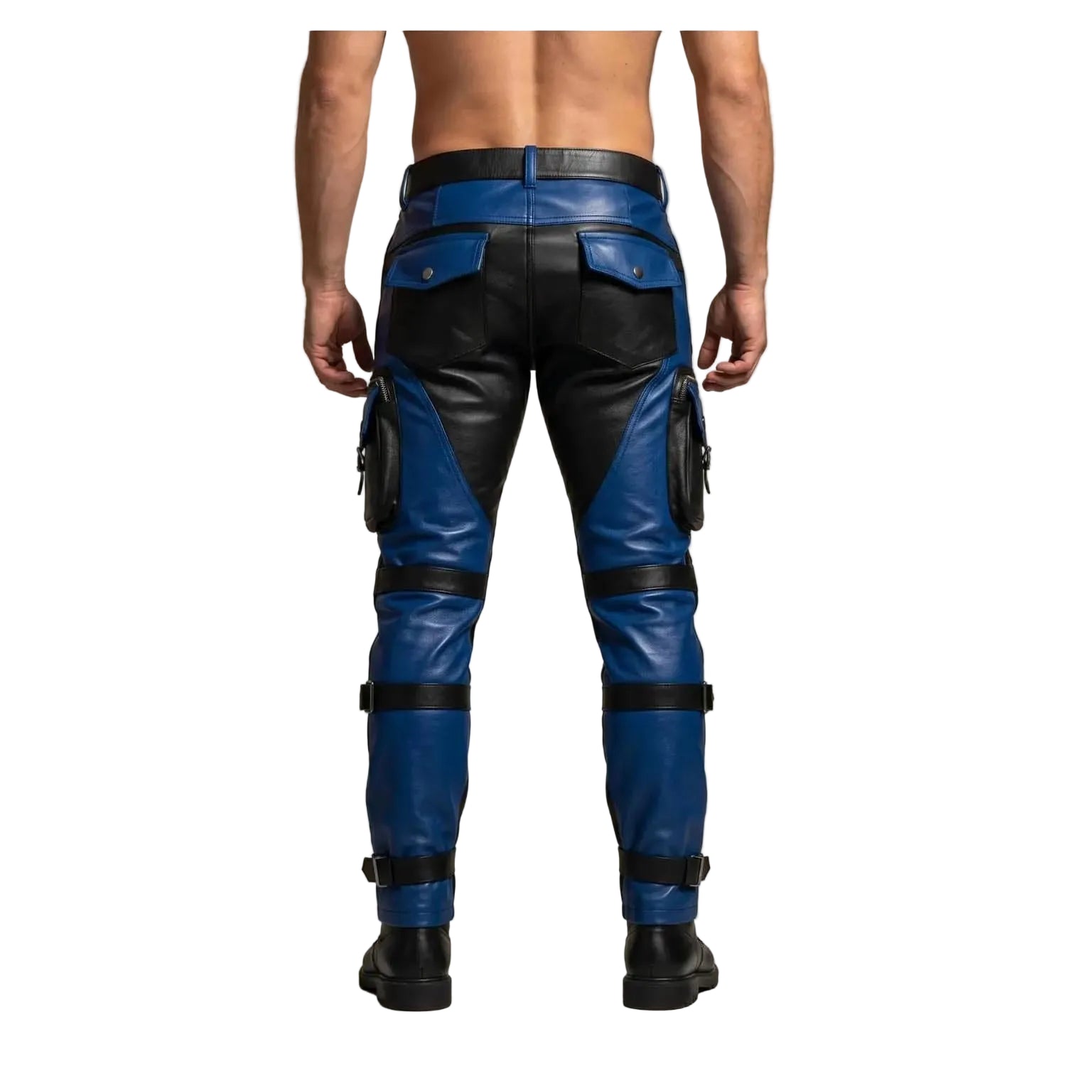 Rear view of a man wearing blue and black leather cargo pants with utility pockets and leg straps, shown against a plain beige studio background. A Leather Manus logo appears in the top-left corner.