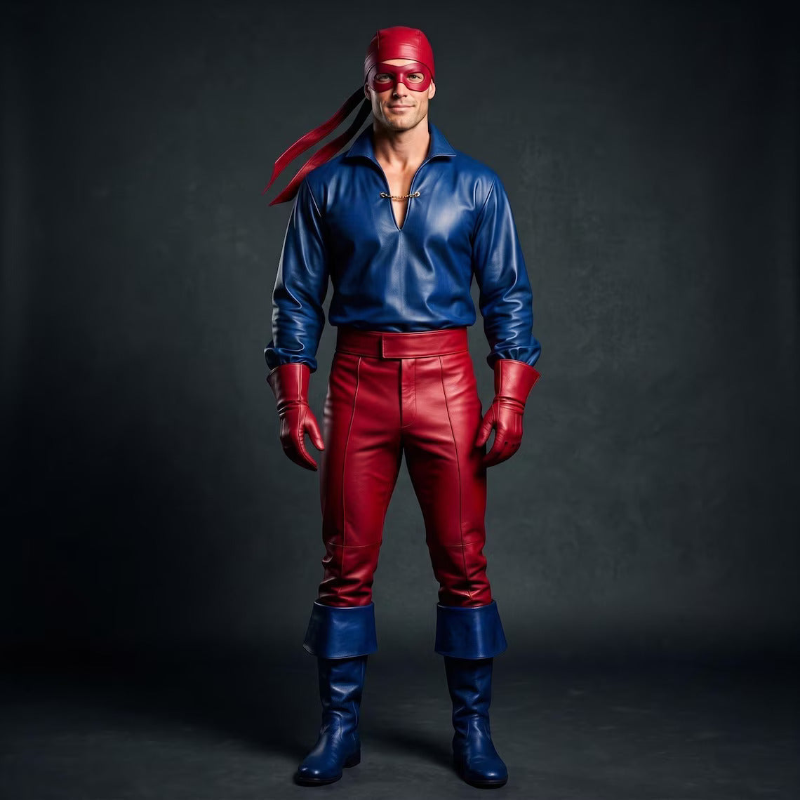 Full-body front studio view of a man in a handmade royal blue leather V-neck shirt and fitted red leather pants superhero outfit.