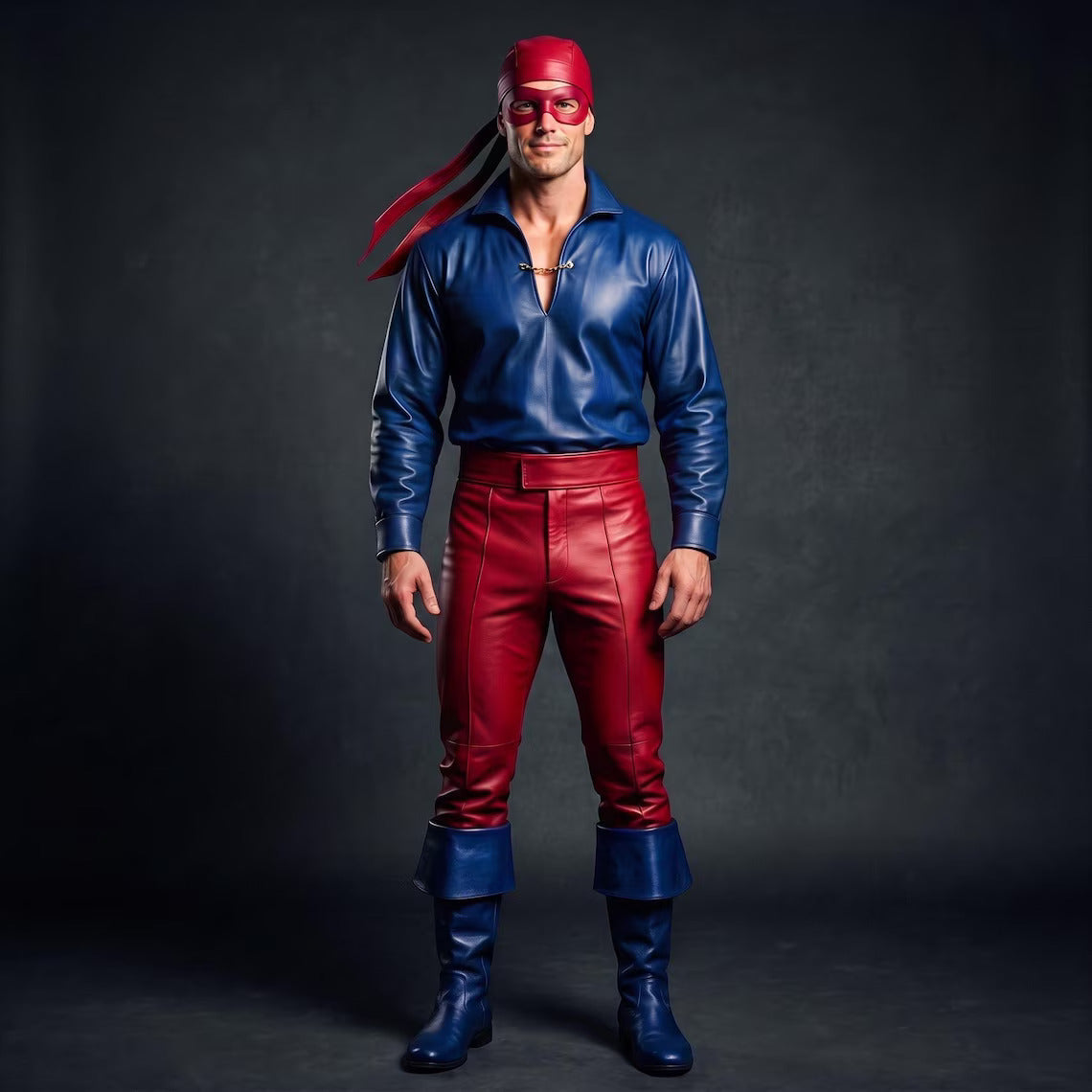Standing front shot of the handcrafted blue leather collared shirt and red leather trousers cosplay set.