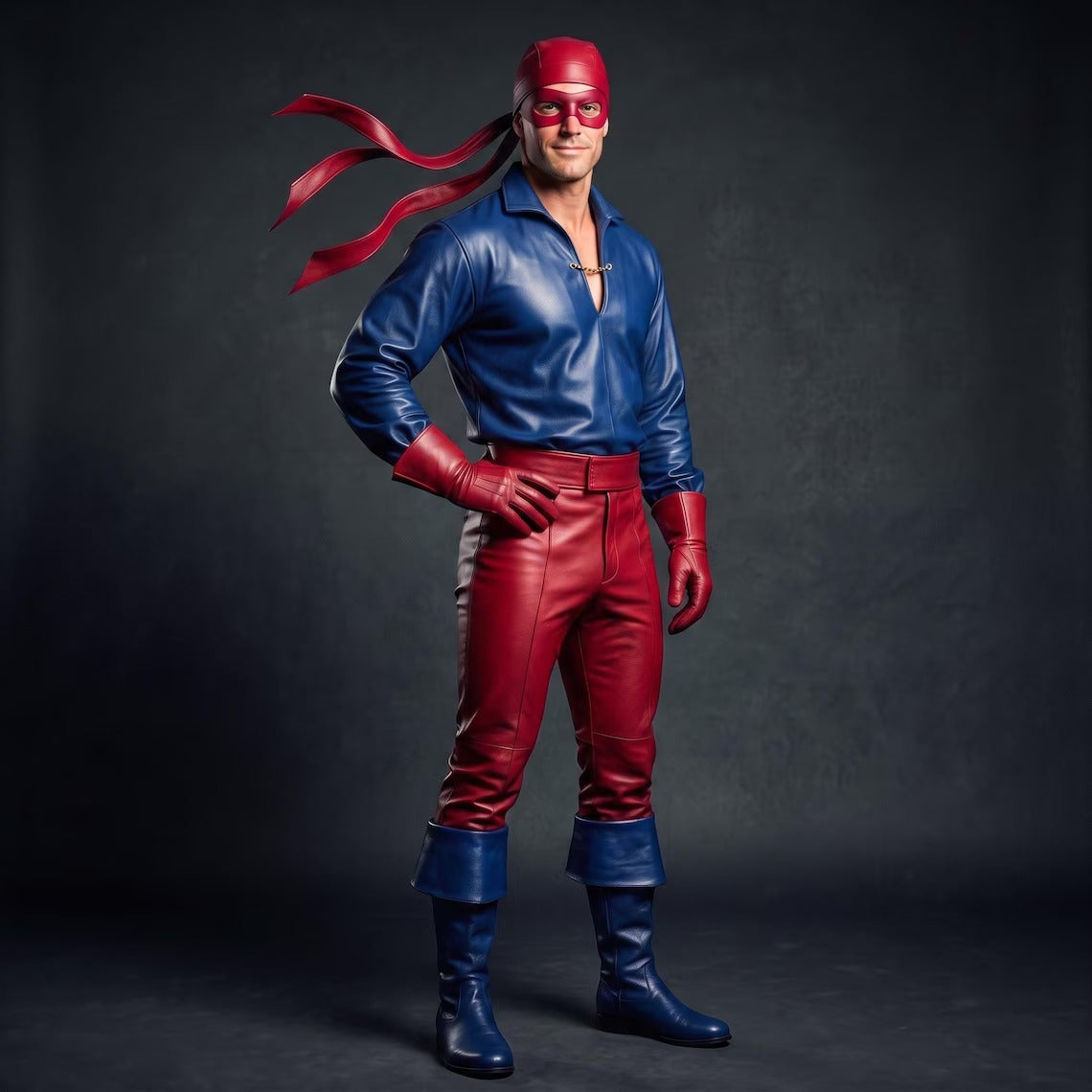 Three-quarter stance of the blue and red genuine leather hero cosplay suit highlighting the gold chest chain detail and high-waist trousers.