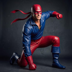 Dynamic kneeling action pose showing flexibility and fit of the blue and red leather superhero costume set.