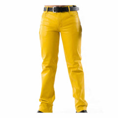 Full front view of men's yellow genuine leather pants featuring a 5-pocket design and black belt styling.