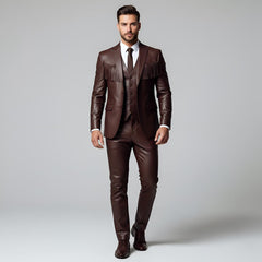 Full-length front view of men's bespoke 3-piece brown genuine leather suit with fringed blazer, matching vest, and tailored pants